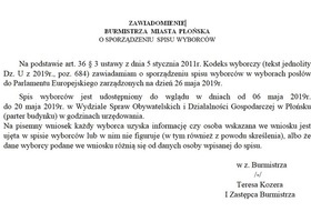 Zawiadomienie Burmistrza Miasta Płońska o sporządzeniu spisu wyborców 