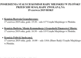 Posiedzenia Stałych Komisji Rady Miejskiej w Płońsku przed XIII Sesją Rady zwołaną na 19 czerwca 2019 roku
