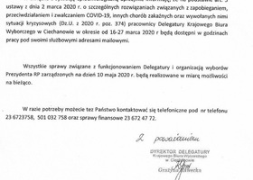 Komunikat dotyczący funkcjonowania Delegatury Krajowego Biura Wyborczego w Ciechanowie