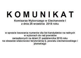 Komunikat Komisarza Wyborczego w Ciechanowie I z 26 września 2018 r. 