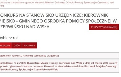 Konkurs na stanowisko urzędnicze: Kierownik Miejsko - Gminnego Ośrodka Pomocy Społecznej w Czerwińsku nad Wisłą